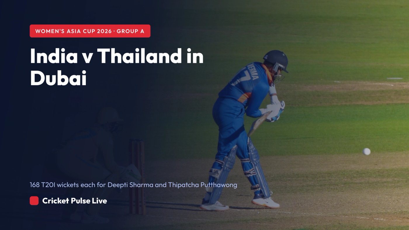 Hero graphic for a preview of India v Thailand in the Women's Asia Cup 2026 at the Dubai International Cricket Stadium, over a photograph of India opener Shafali Verma batting