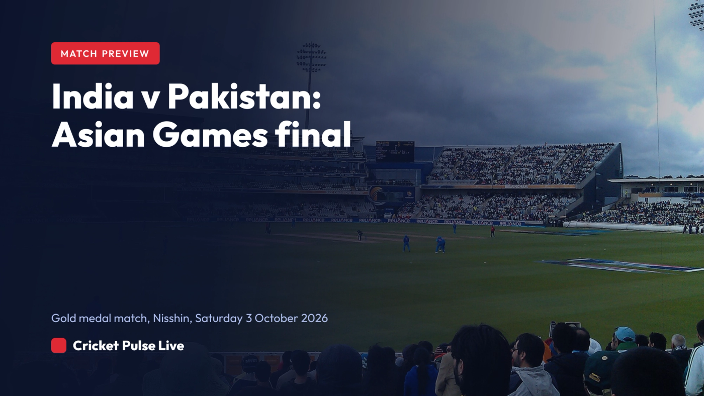 Hero graphic previewing the India v Pakistan men's cricket gold medal match at the 2026 Asian Games