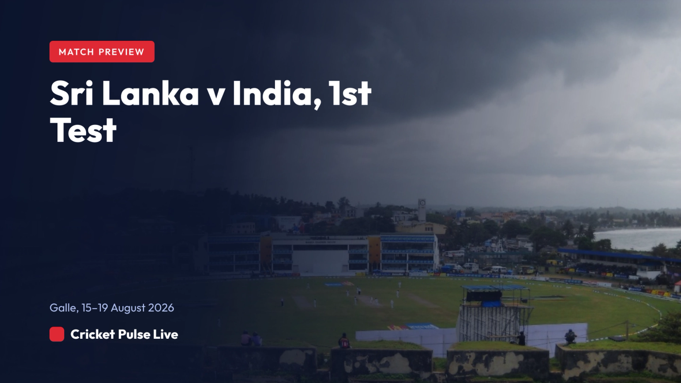 Match preview card for the first Test between Sri Lanka and India at Galle, 15 to 19 August 2026