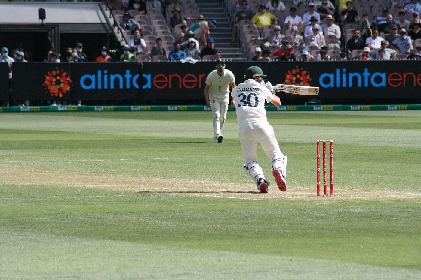 A fast bowler in action during a Test match