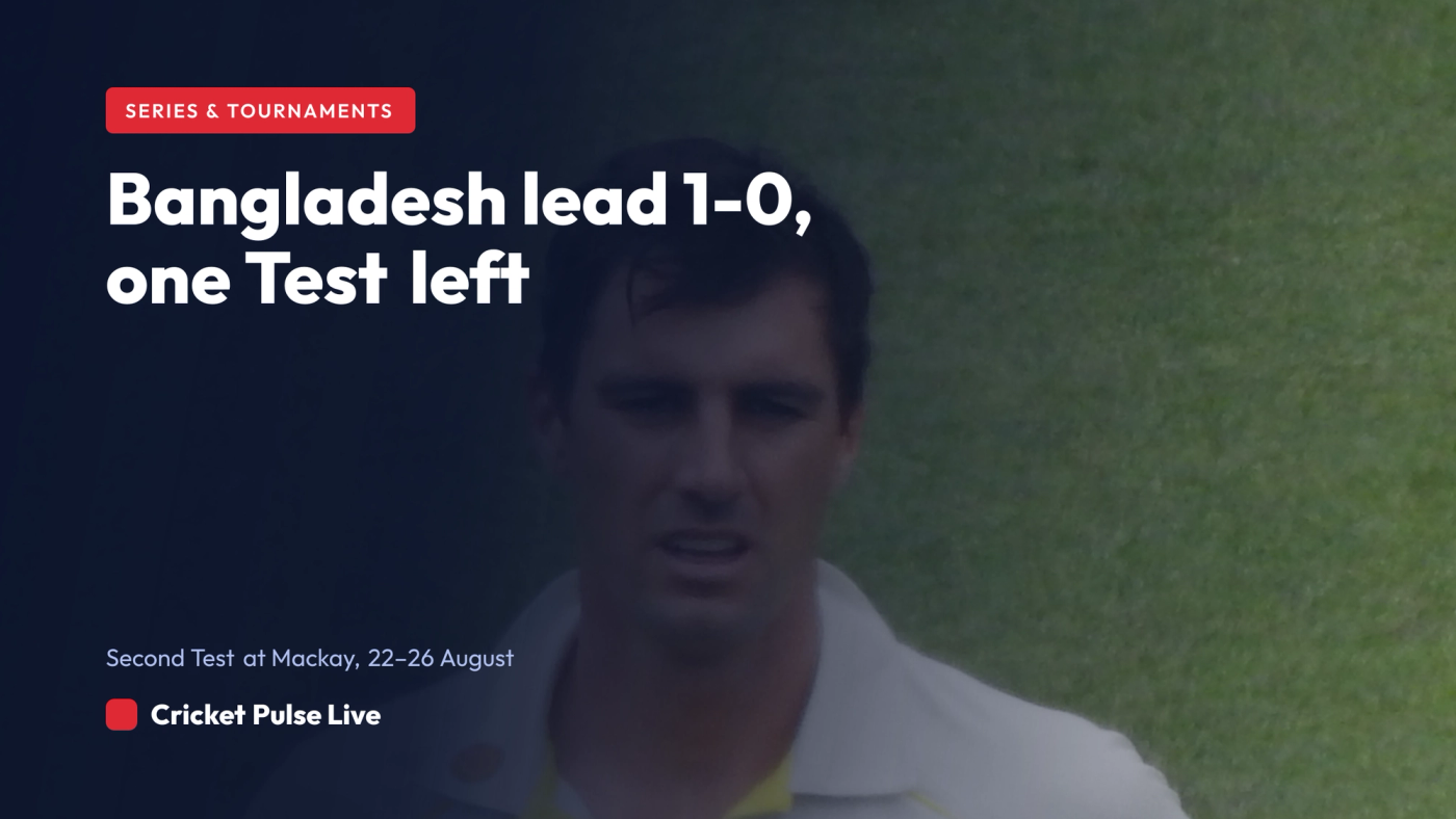 Series tracker card: Bangladesh lead Australia 1-0 with the second Test at Mackay from 22 to 26 August 2026