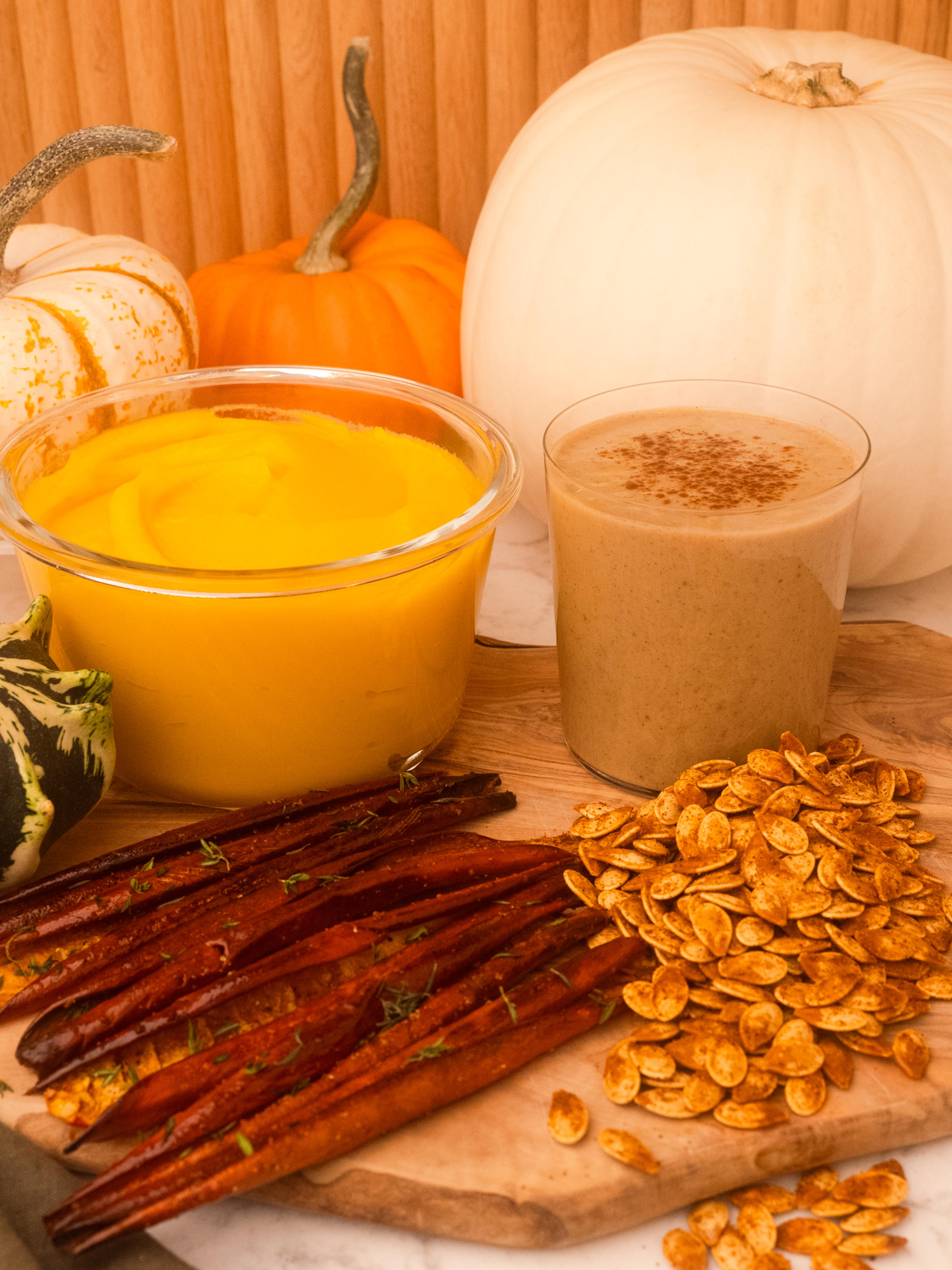 Fall Pumpkin Protein Smoothie on display with other autumn thanksgiving decorations