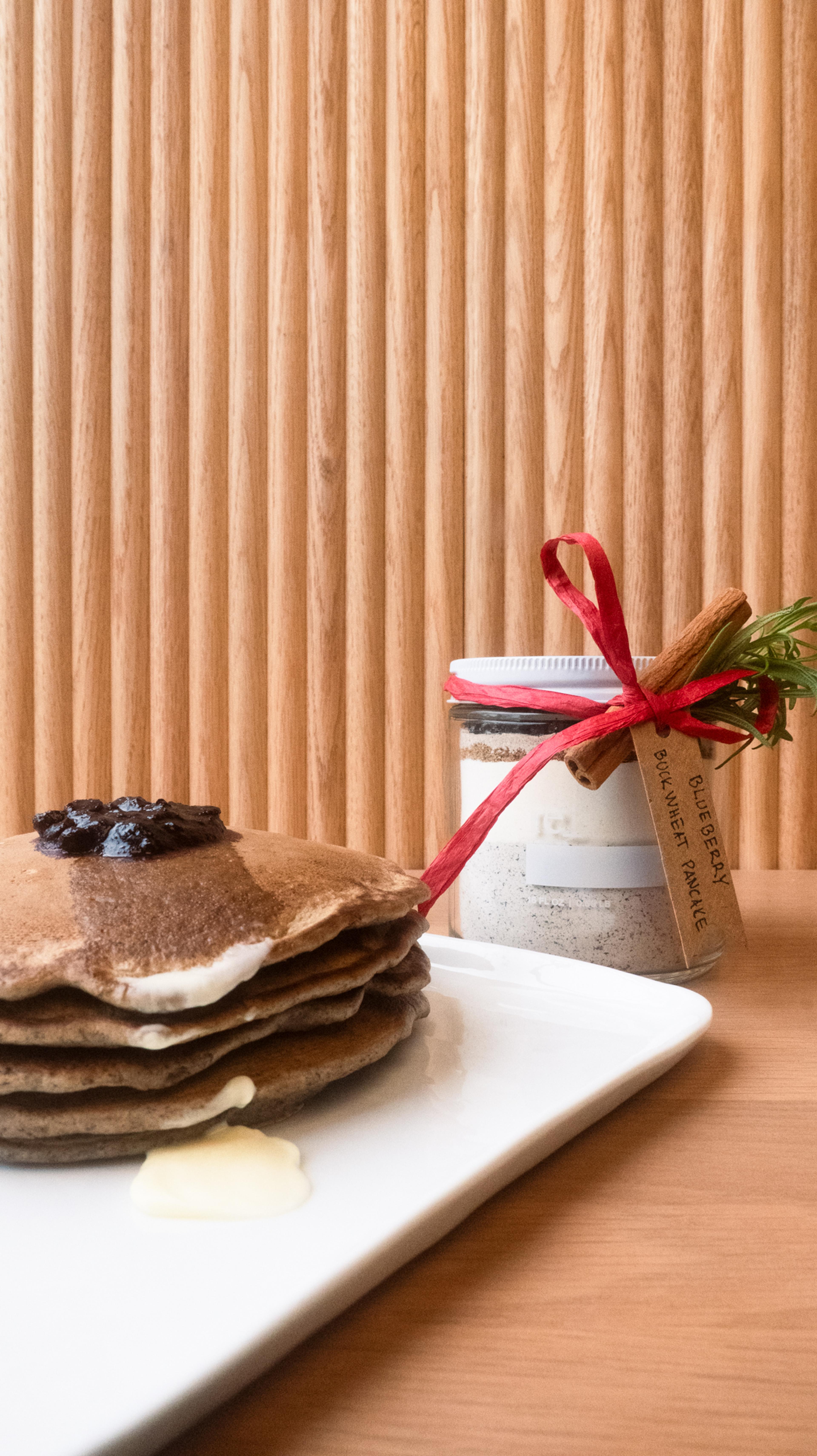 Blueberry Buckwheat Pancake Mix in a 16oz glass jar from re_ grocery