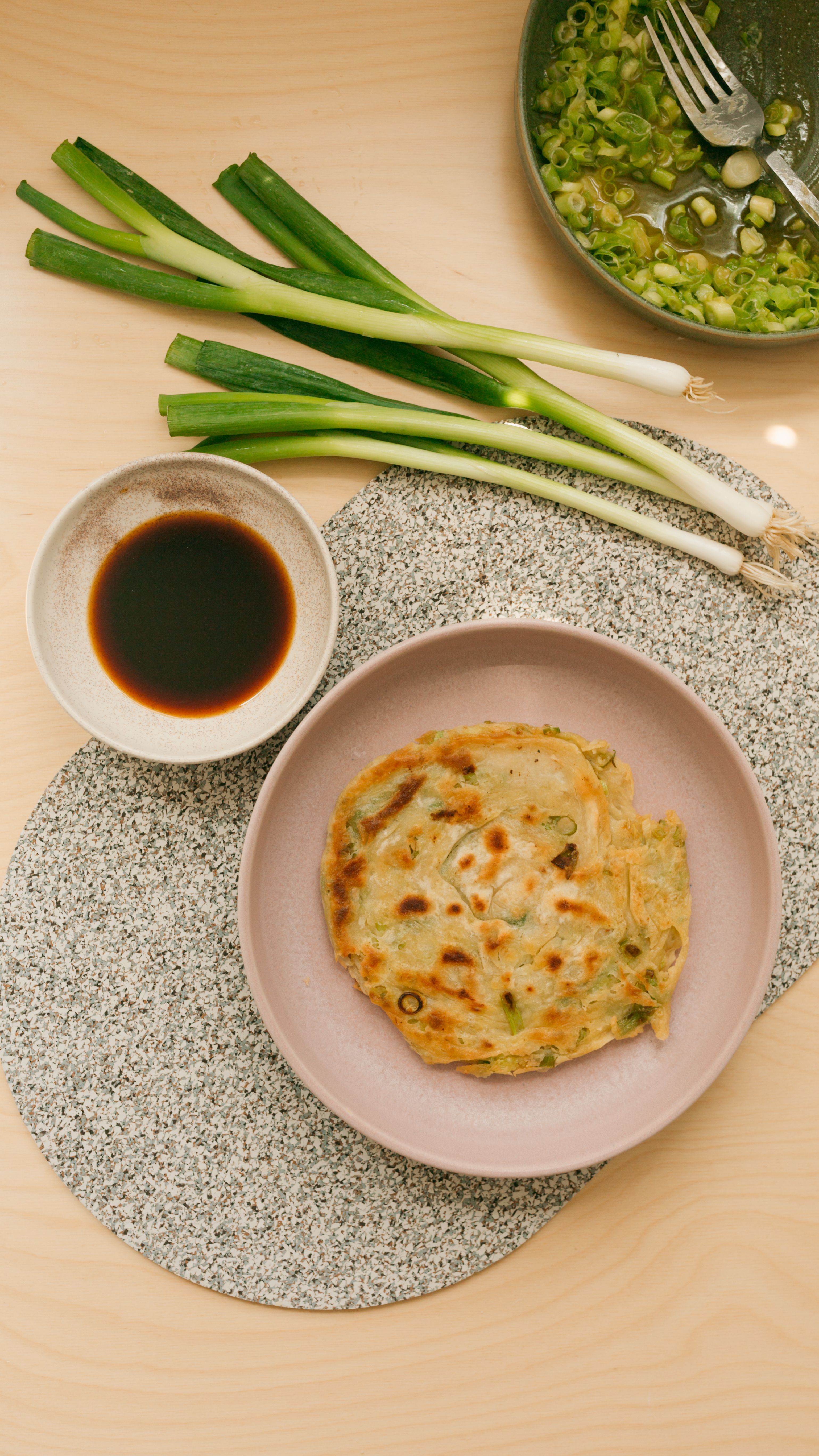 vegan scallion pancakes with soy sauce