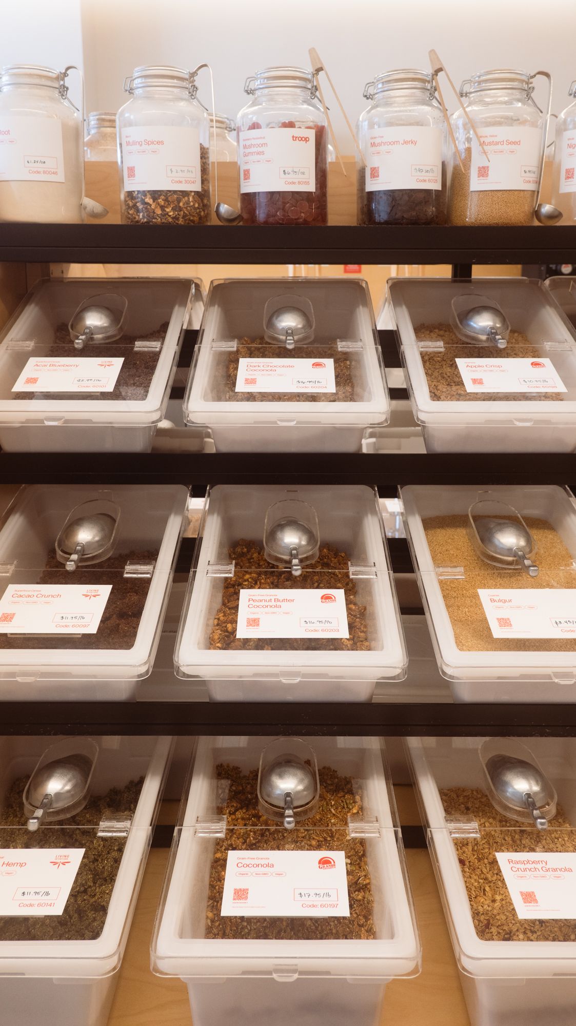 bulk bins at re grocery with sustainably sourced products without packaging