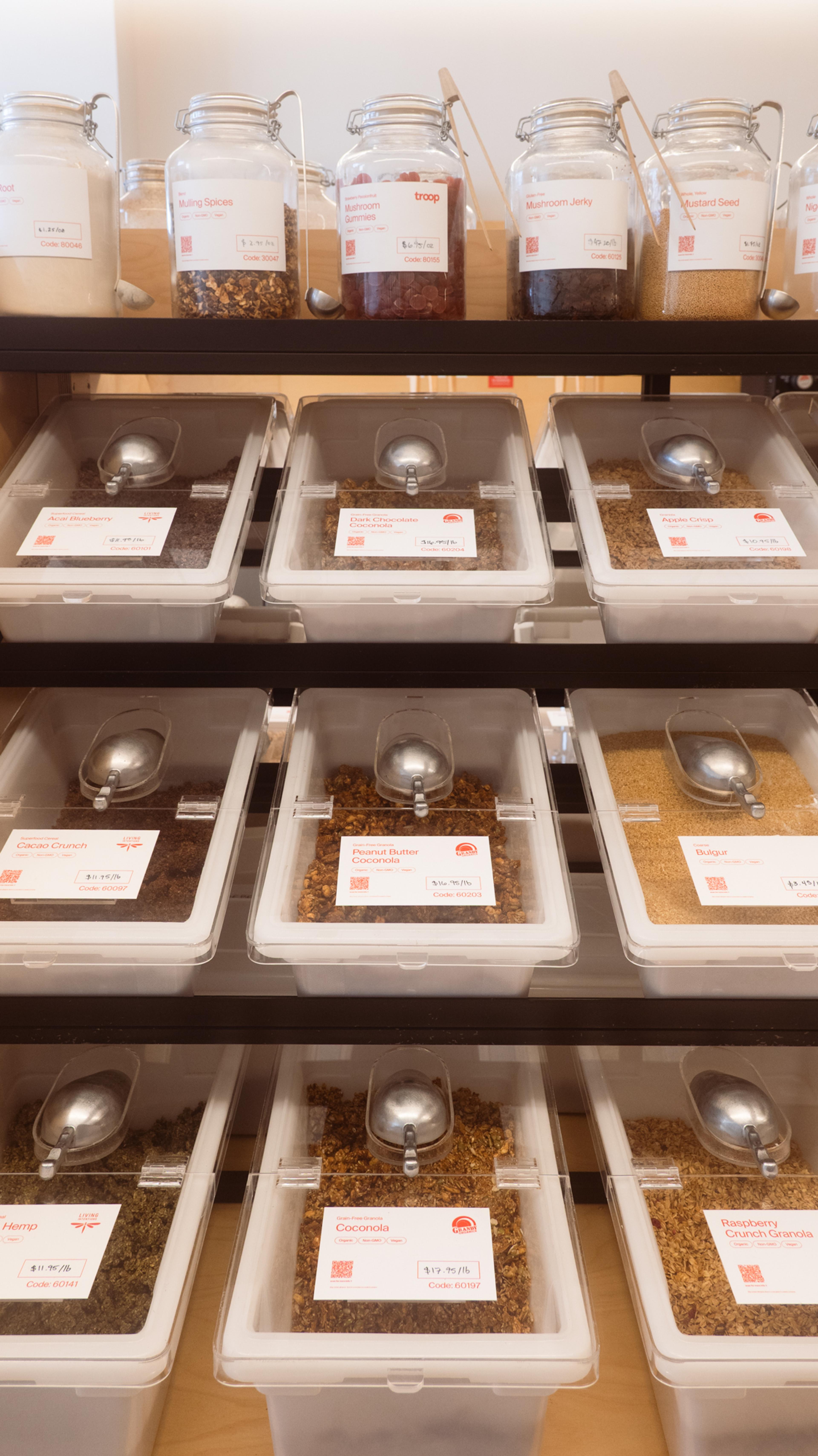 bulk bins at re grocery with sustainably sourced products without packaging