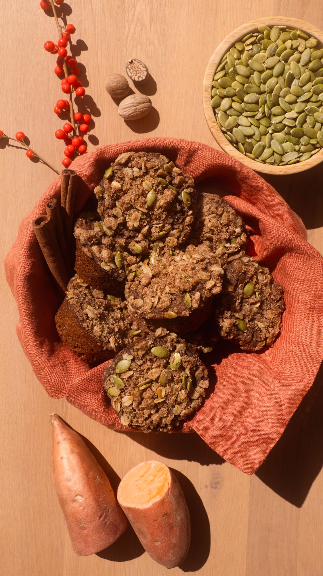 Vegan Sweet Potato Muffins with raw pumpkin seeds
