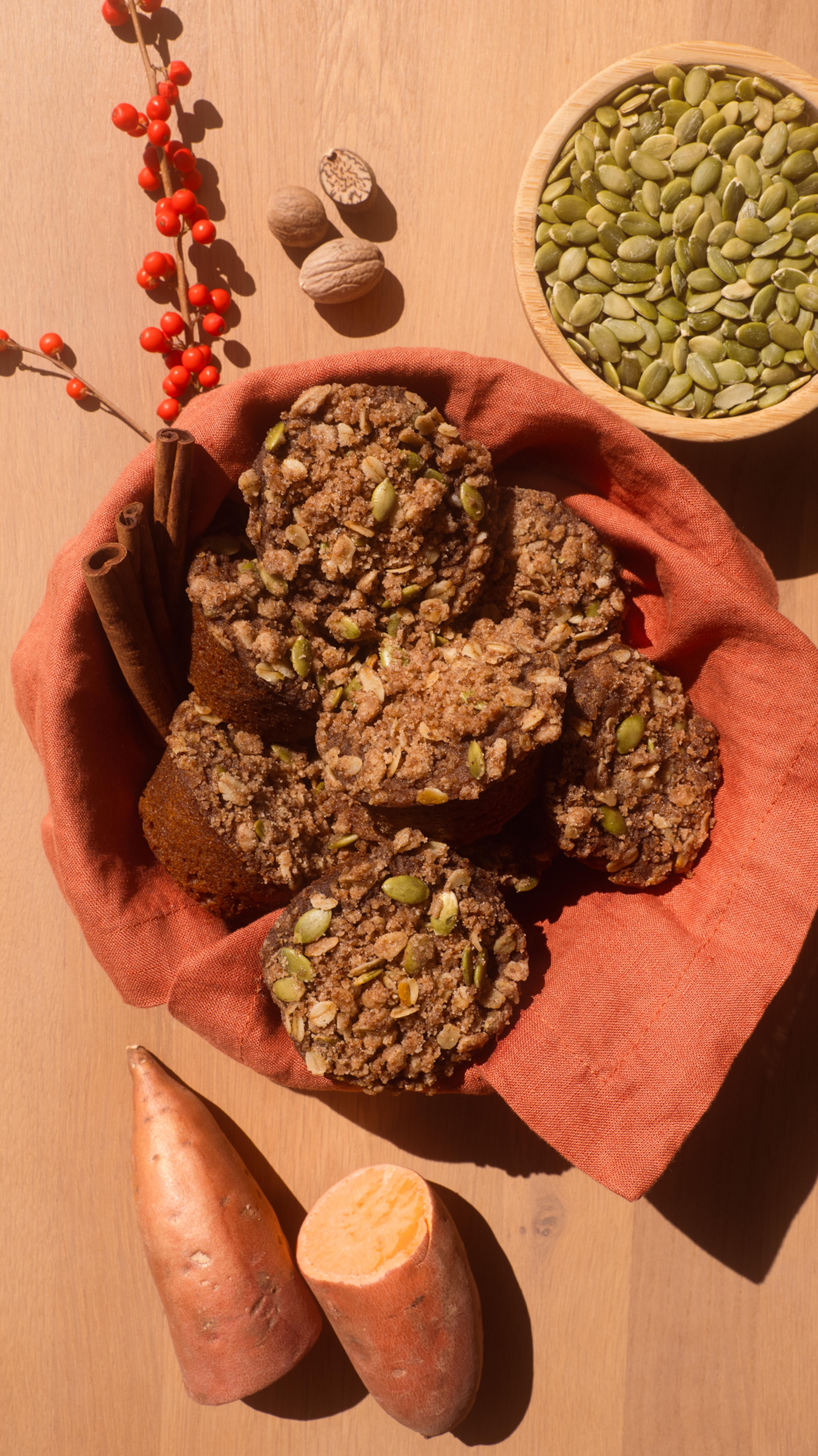 Vegan Sweet Potato Muffins with raw pumpkin seeds