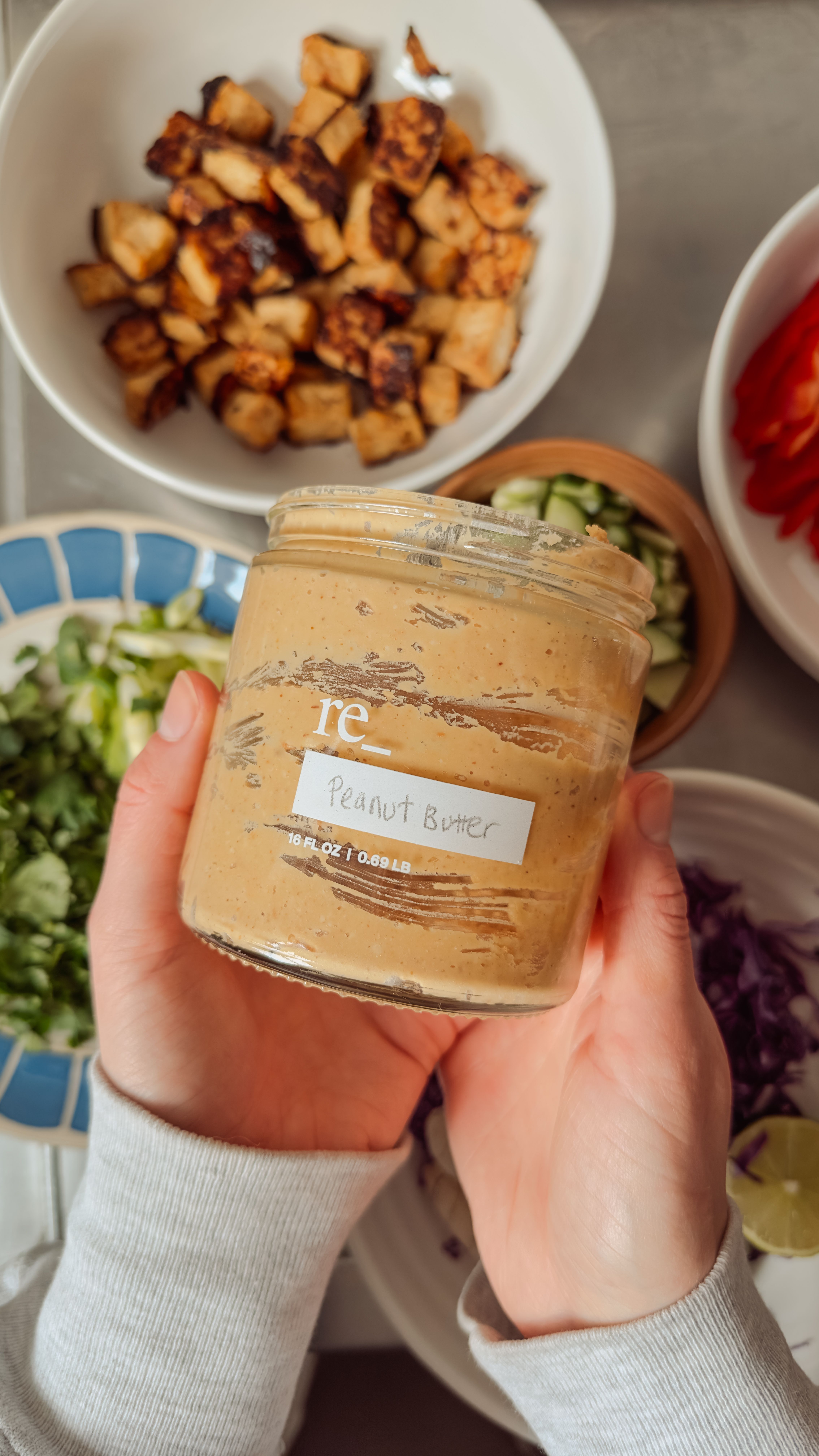 peanut butter dressing in a glass jar from re_ for soba noodle salad