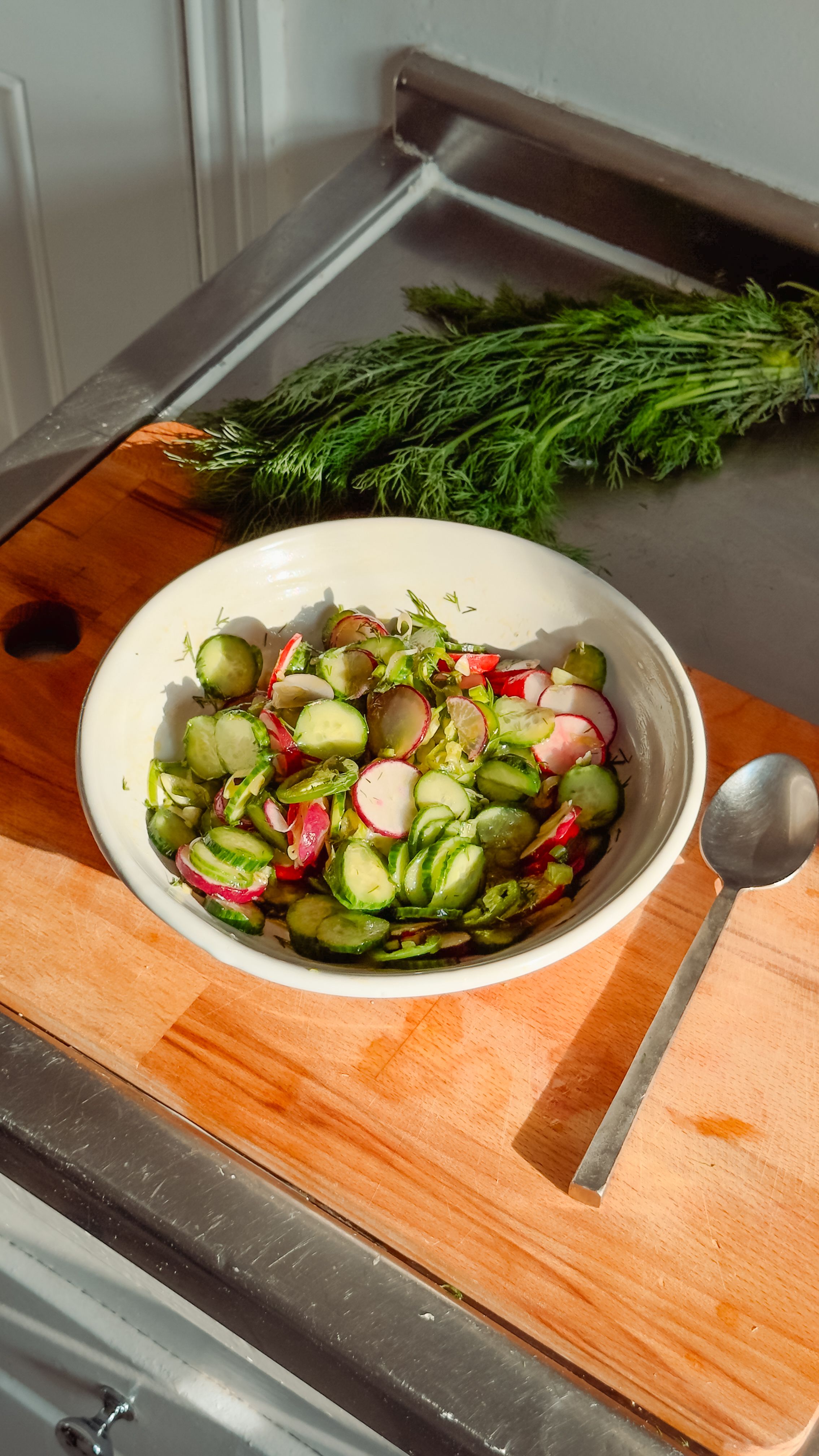 cucumber and radish salad on wooden countertop with fresh dill and metal spoon