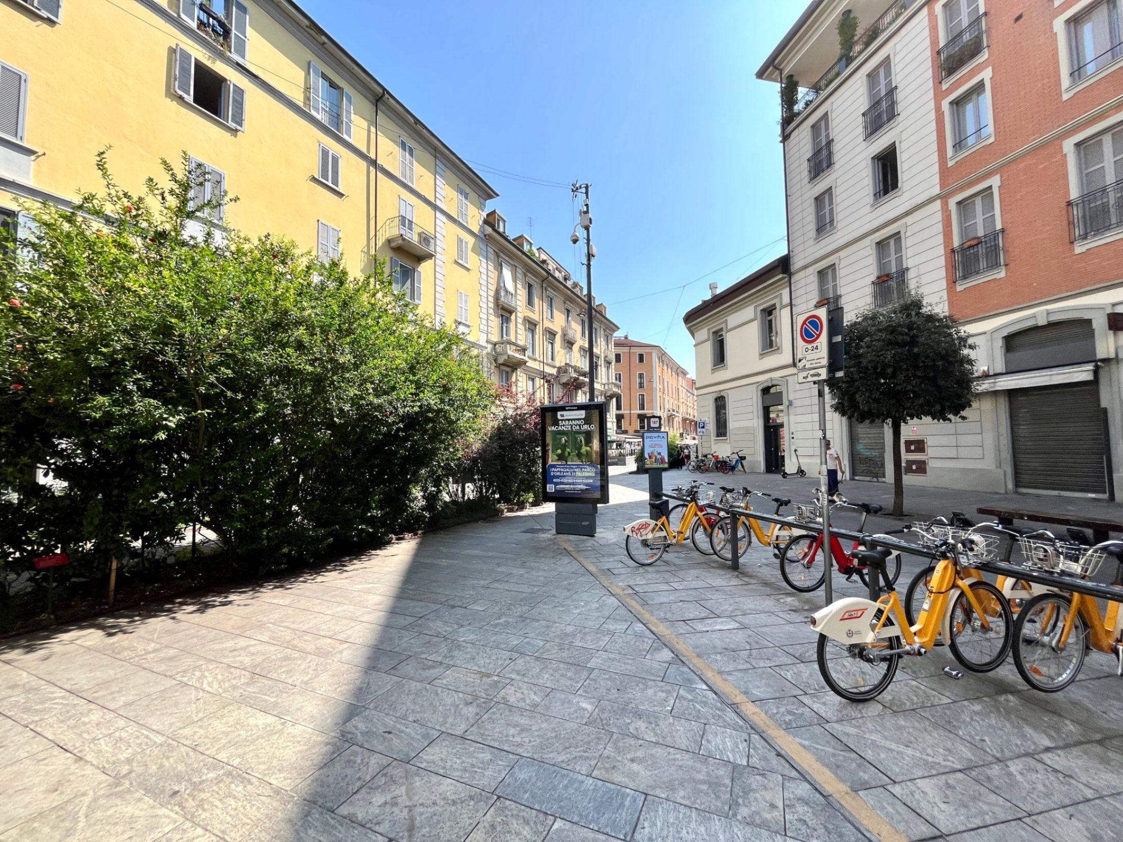piazza, bicing, piante, palazzi con finestre e balconi, negozi
