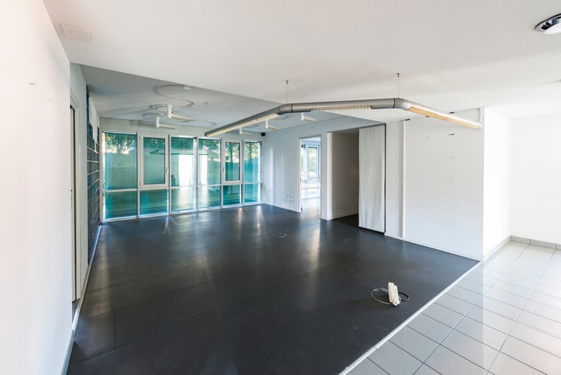 open space with windows, lamps and door