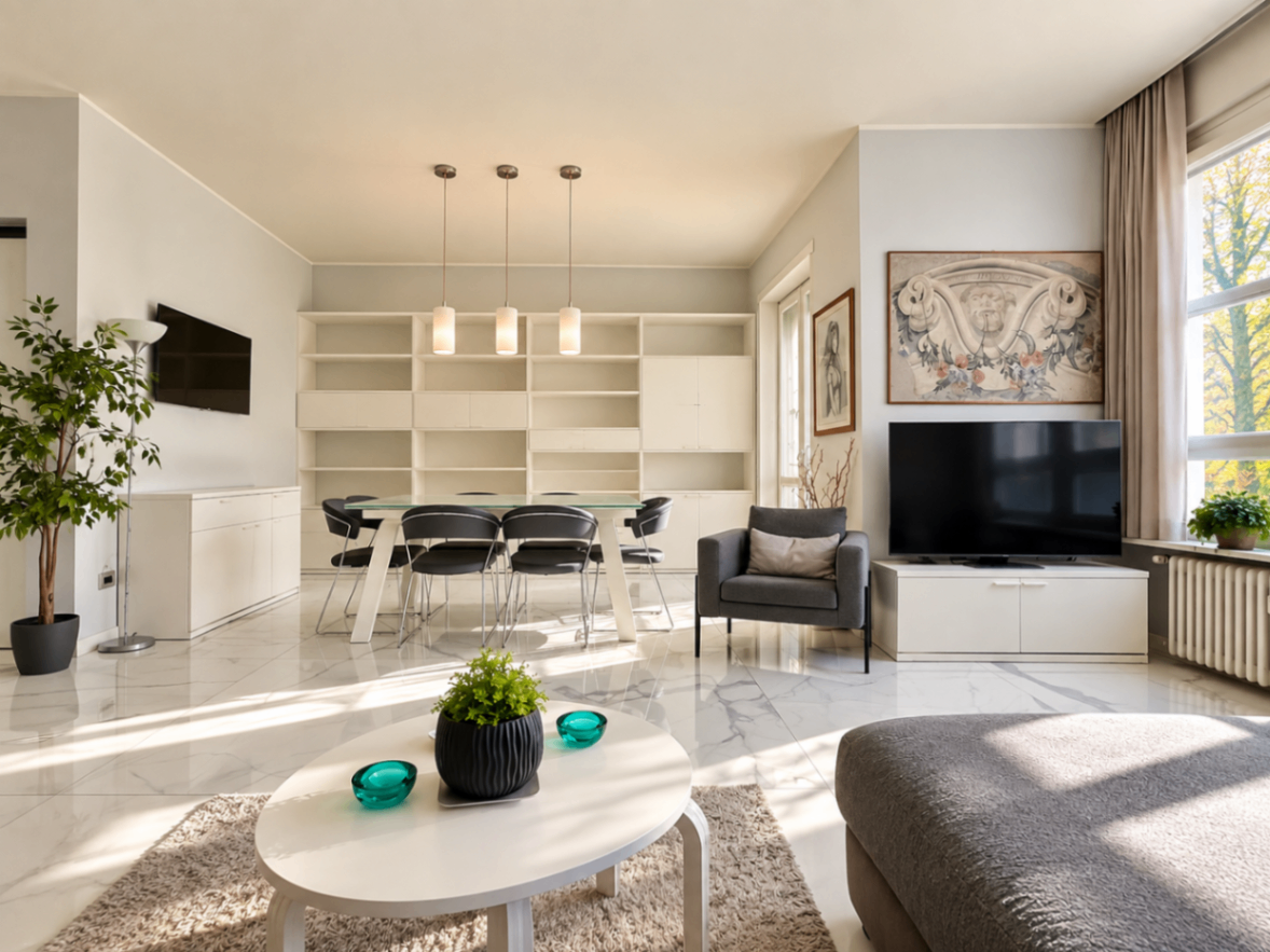 bright living room, tv, library
