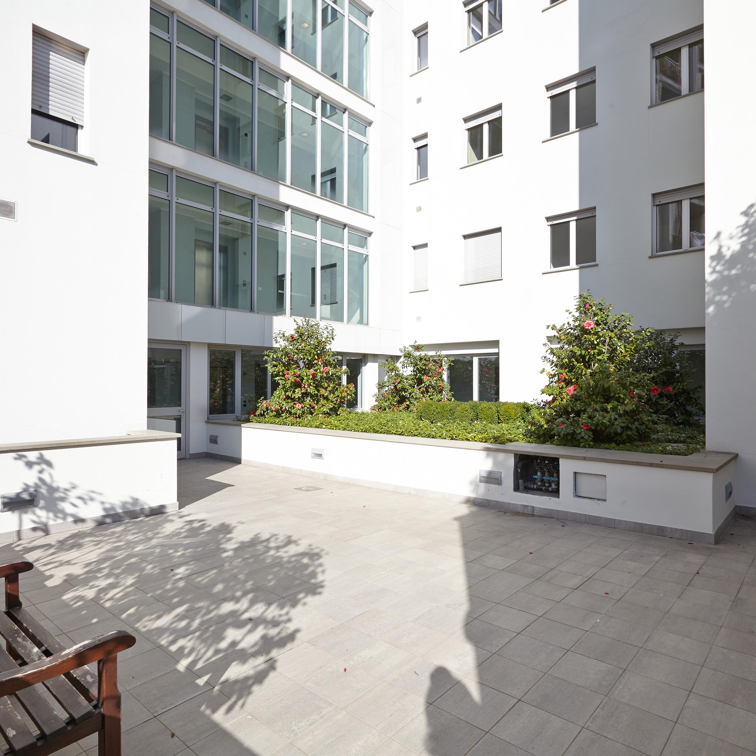 panchine, cortile, piante, edificio, finestre