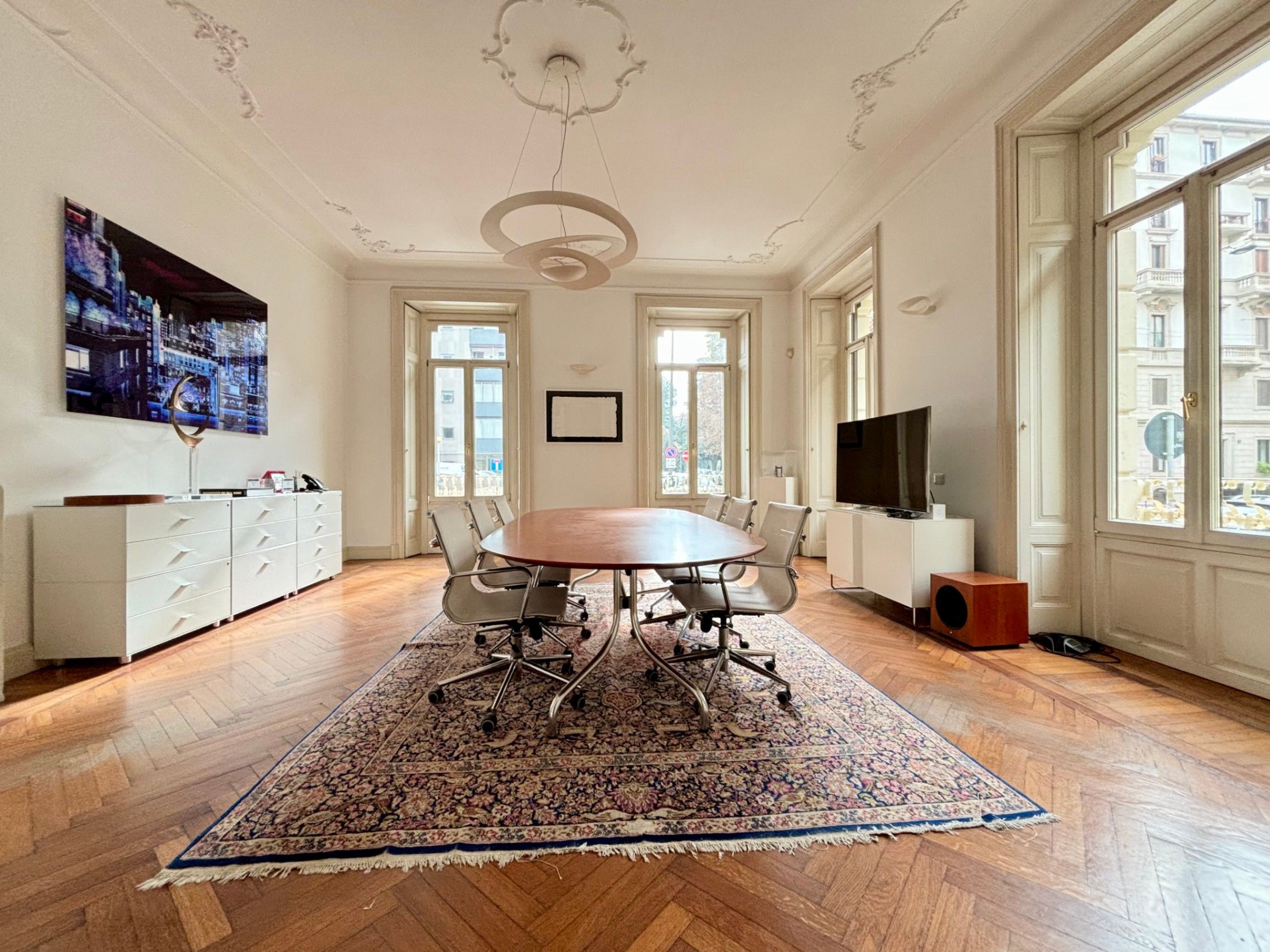 spacoius and bright living room, dining room, television, chest of drawers