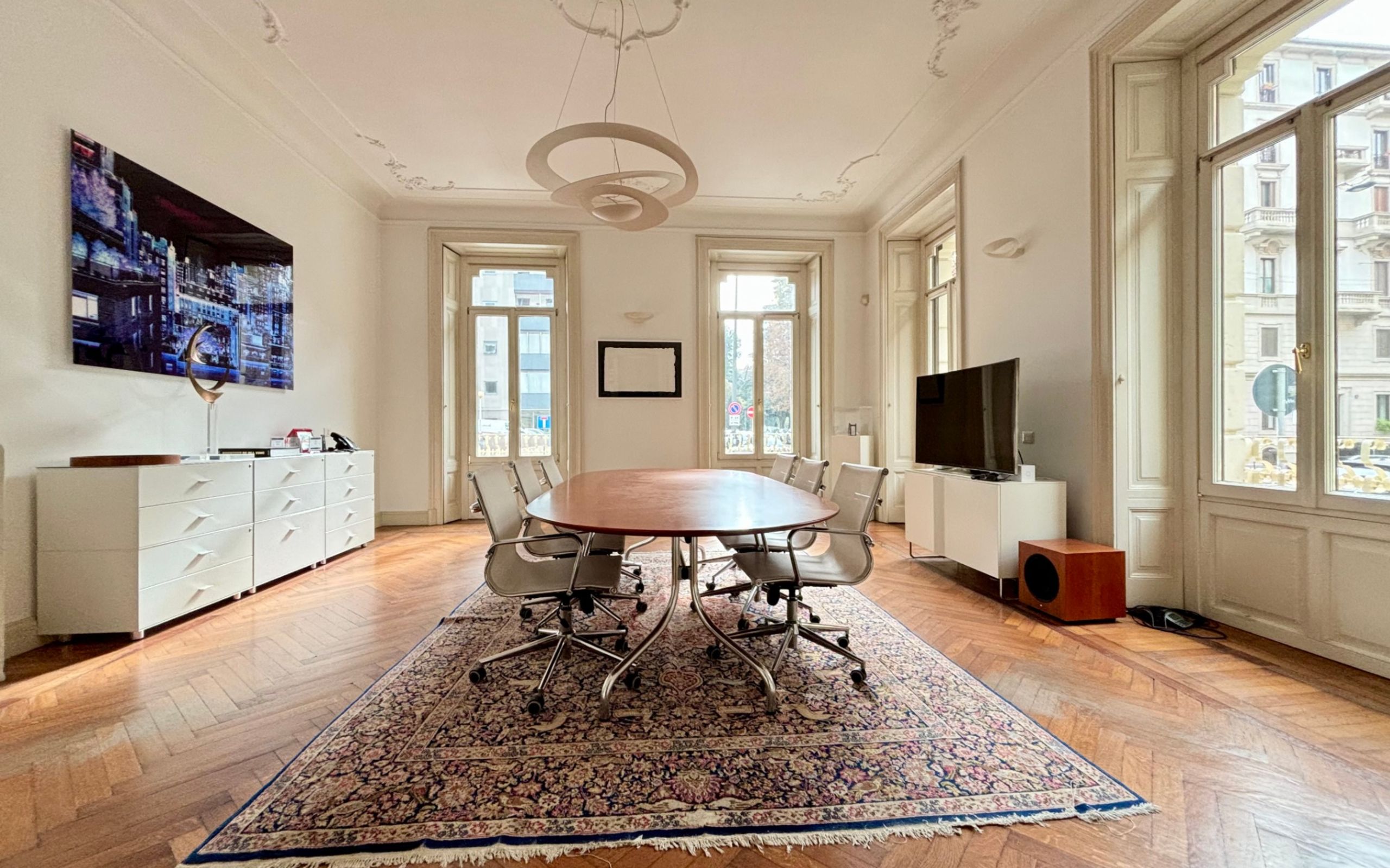 spacoius and bright living room, dining room, television, chest of drawers
