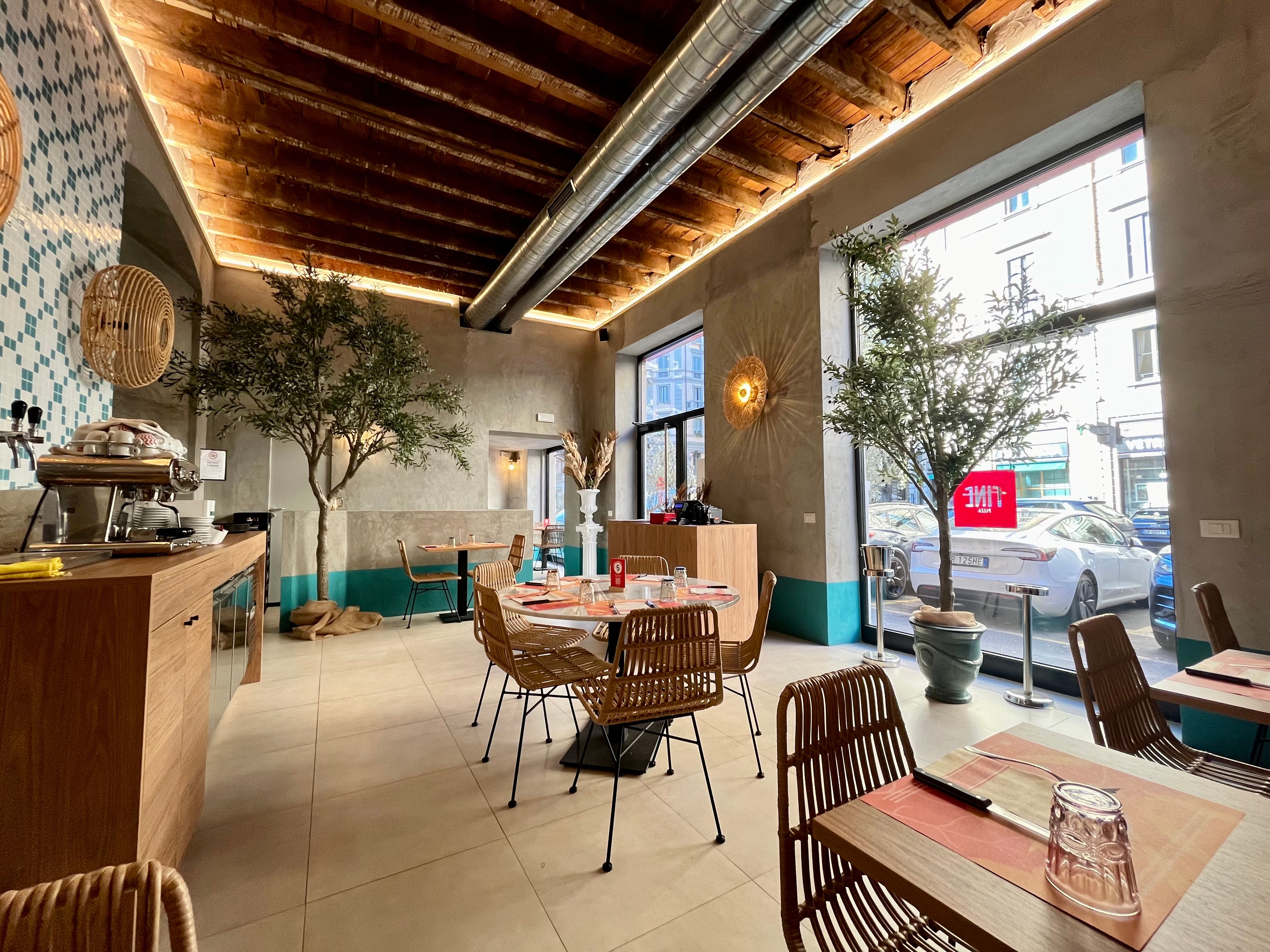 Restaurant, Tables and chairs, Console table with coffee cups, Display windows, Plants, Wooden ceiling