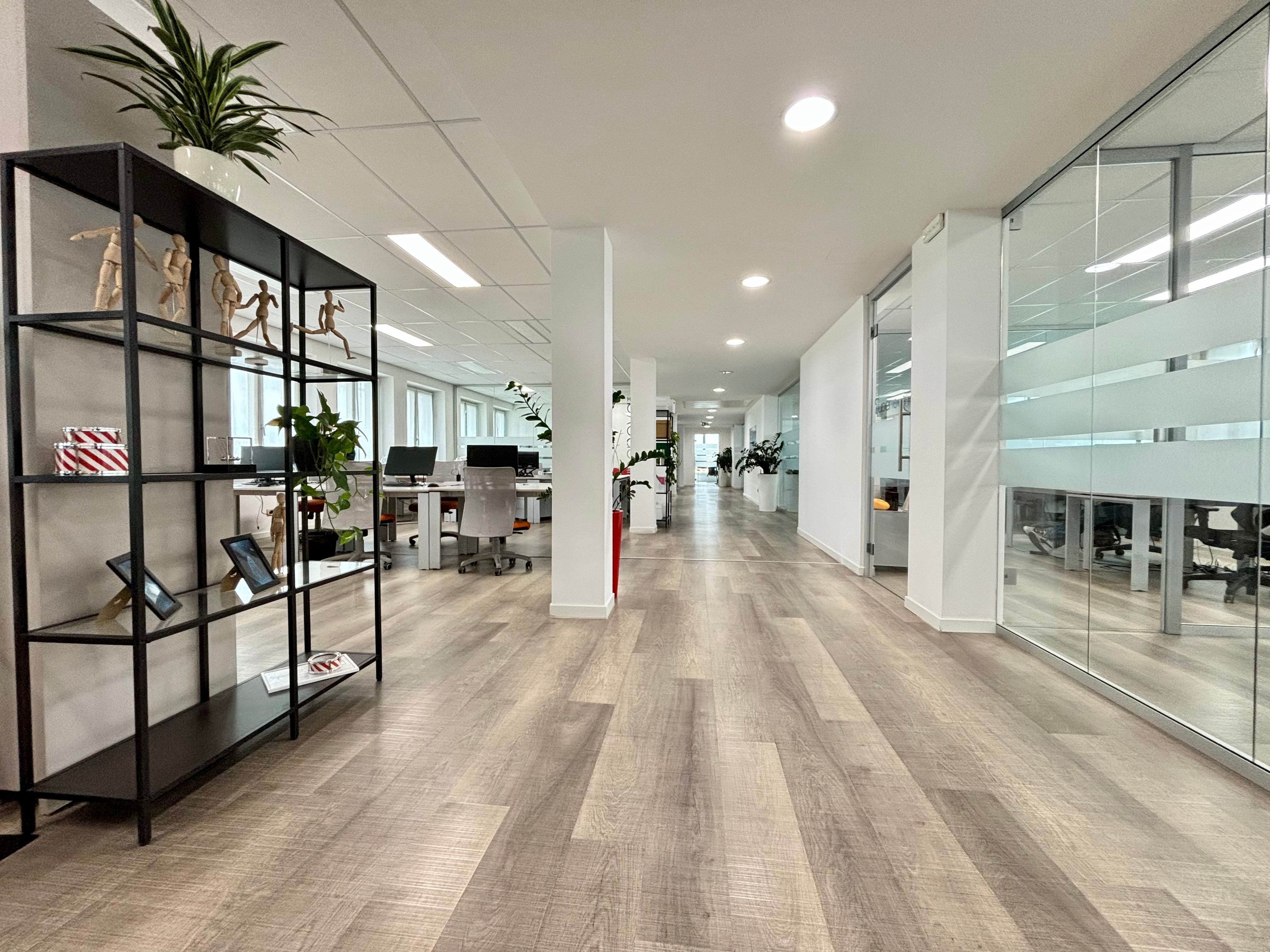 interno ufficio, open sapece, con tavoli e sedie, computer e telefoni, finestre, libreria