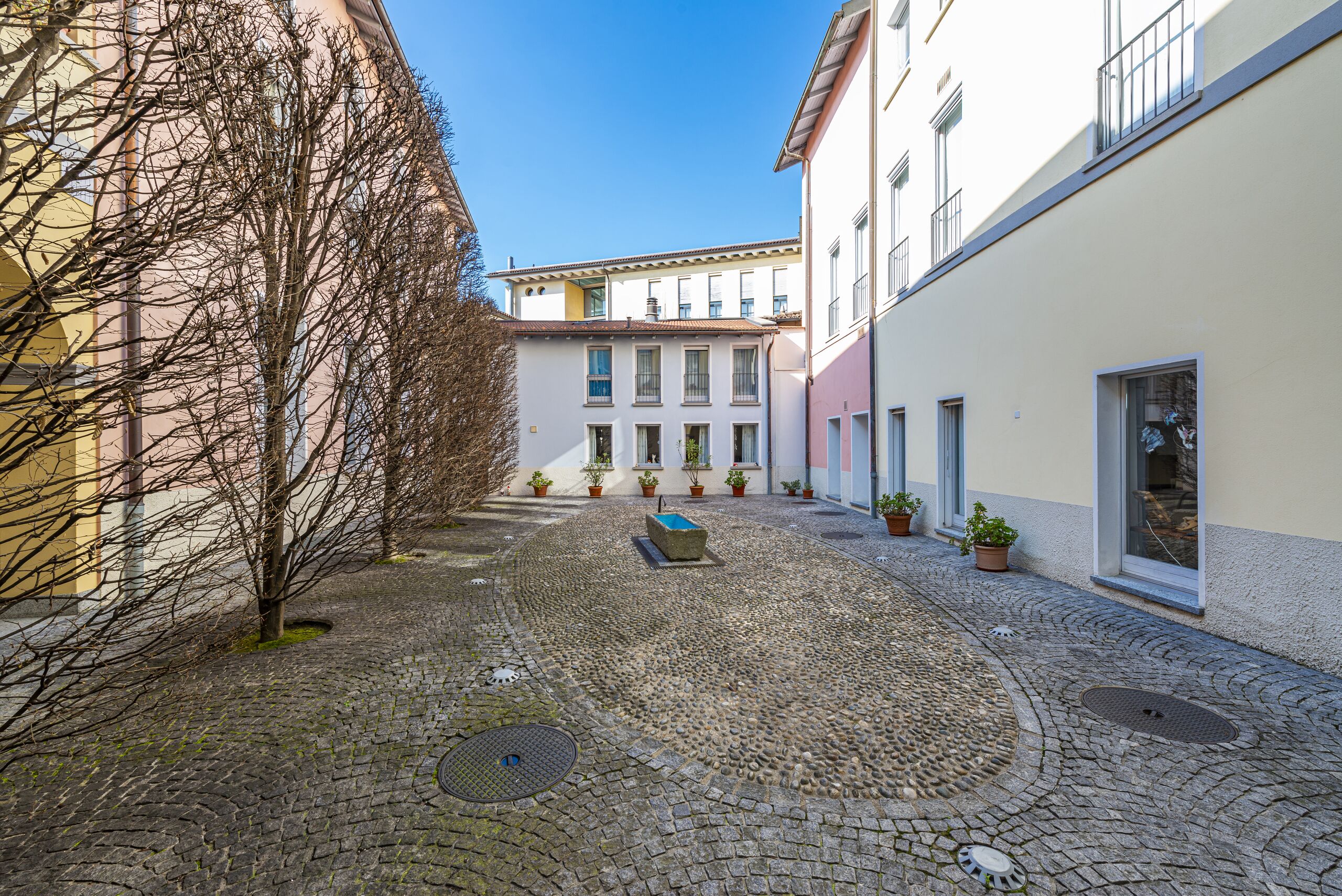 Inner courtyard, Display windows, Windows, Residential buildings, Trees