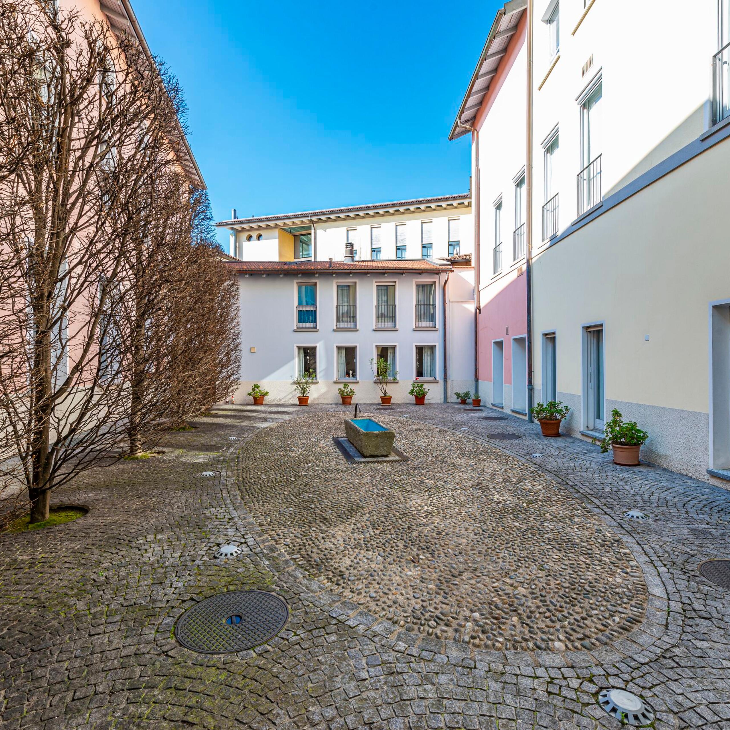 Inner courtyard, Display windows, Windows, Residential buildings, Trees