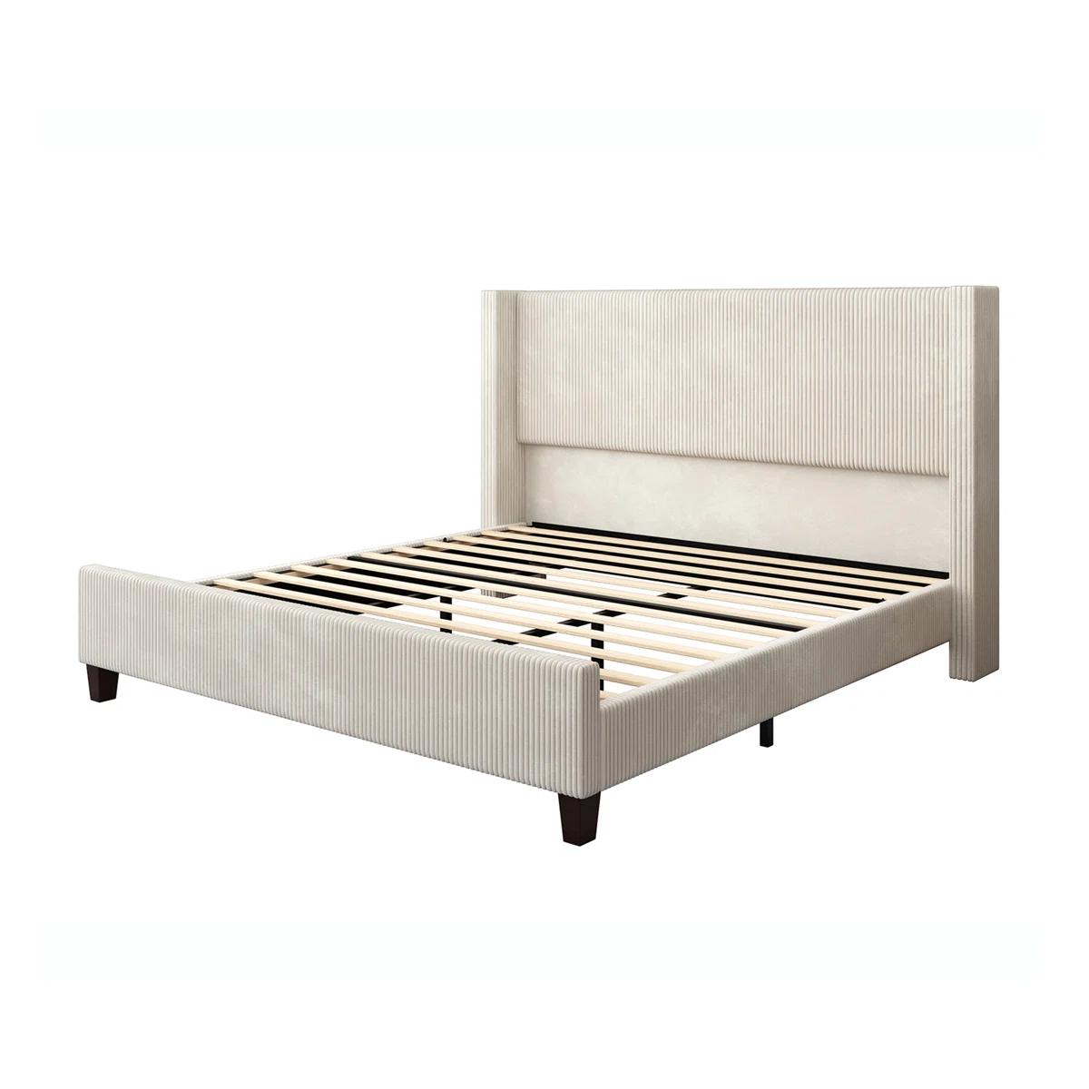 Wauseon Corduroy Upholstered Bed – King, Cream 4