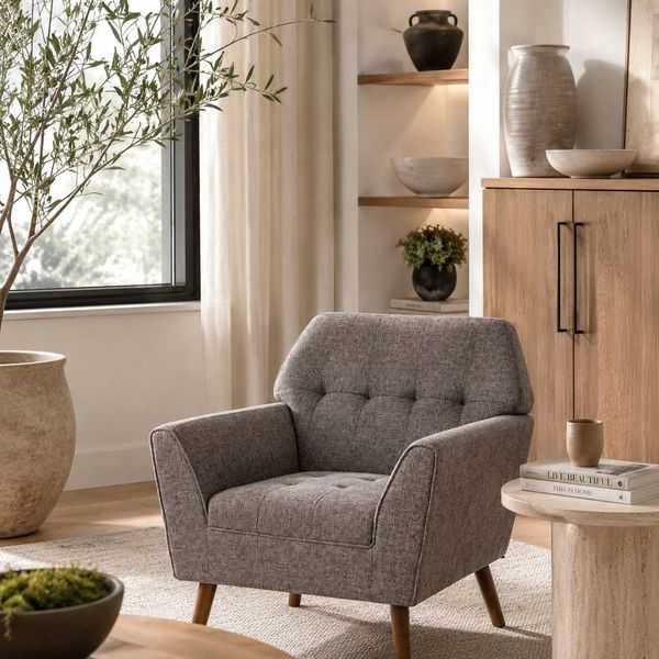Mid-Century Modern Accent Arm Chair – Grey | Solid Wood Frame