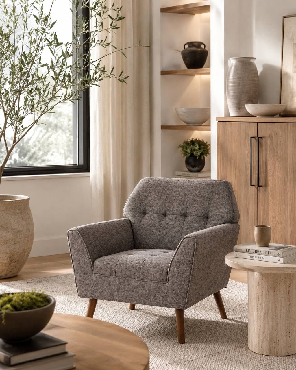 Mid-Century Modern Accent Arm Chair – Grey | Solid Wood Frame 1