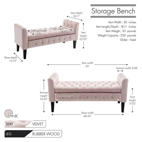Pink velvet storage bench with button tufting