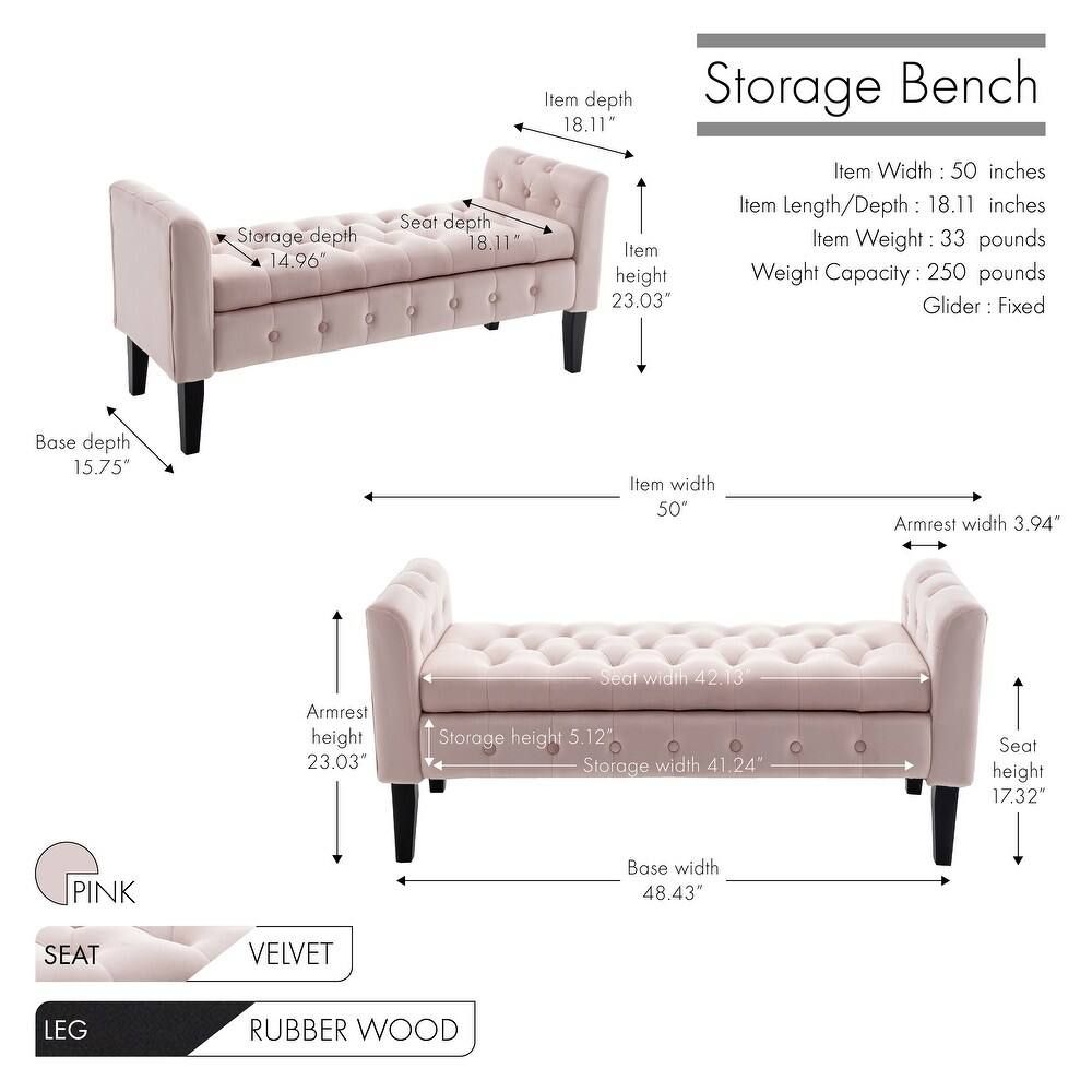 Pink velvet storage bench with button tufting