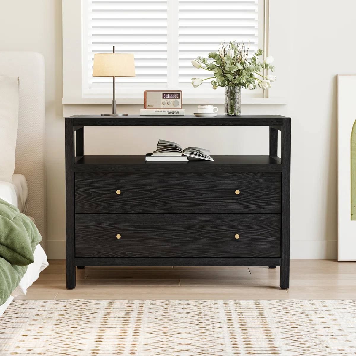 Modern Large 2-Drawer Nightstand with Open Storage – New, Assembled 5