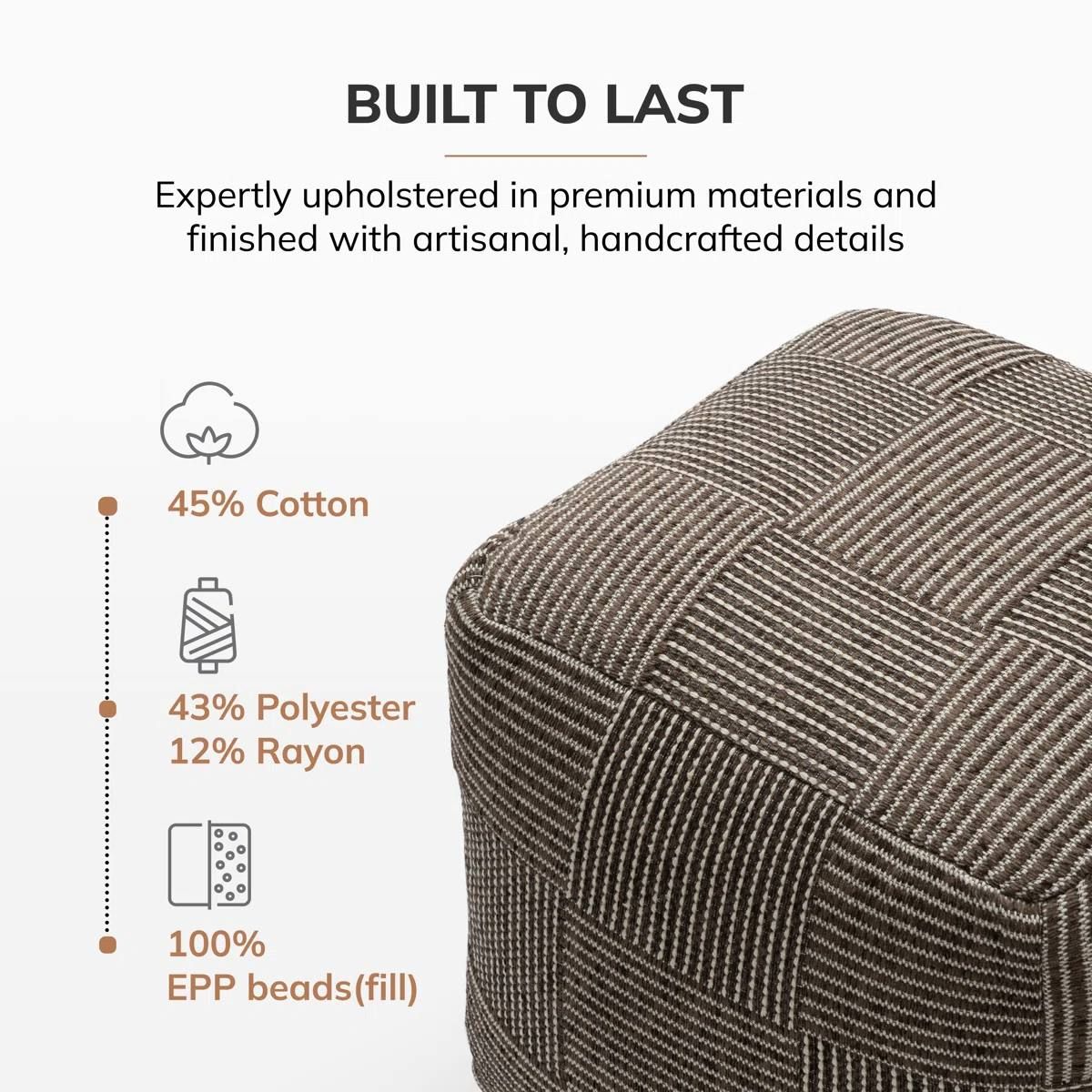 Marta 20” Mocha Grid Upholstered Pouf Ottoman – Brand New 4