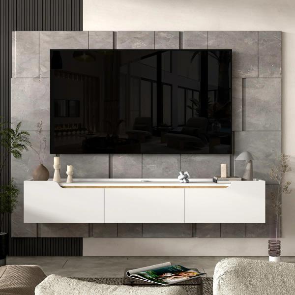 Wall-Mounted TV Stand 80” — White/Natural Wood | Eva | New