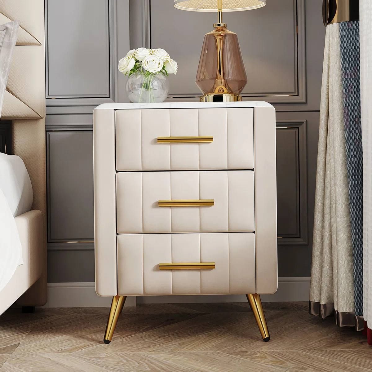 Ameswood Upholstered Wooden Nightstand with 3 Drawers 5