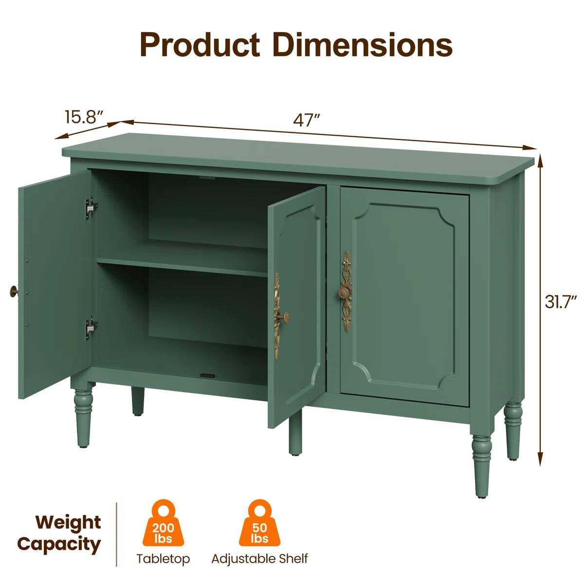 Green 3-Door Storage Cabinet with Adjustable Shelves & Turned Legs | New in Box 3