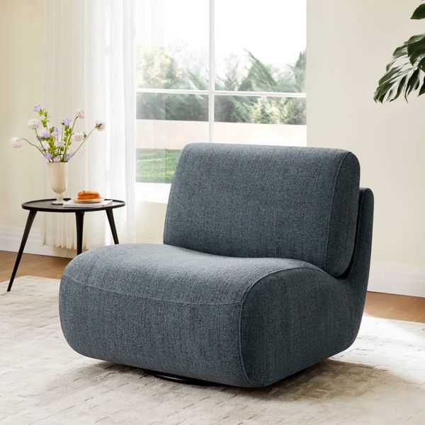 Designer Bouclé Swivel Chair | Steel Blue | Nita 33” | New in Box