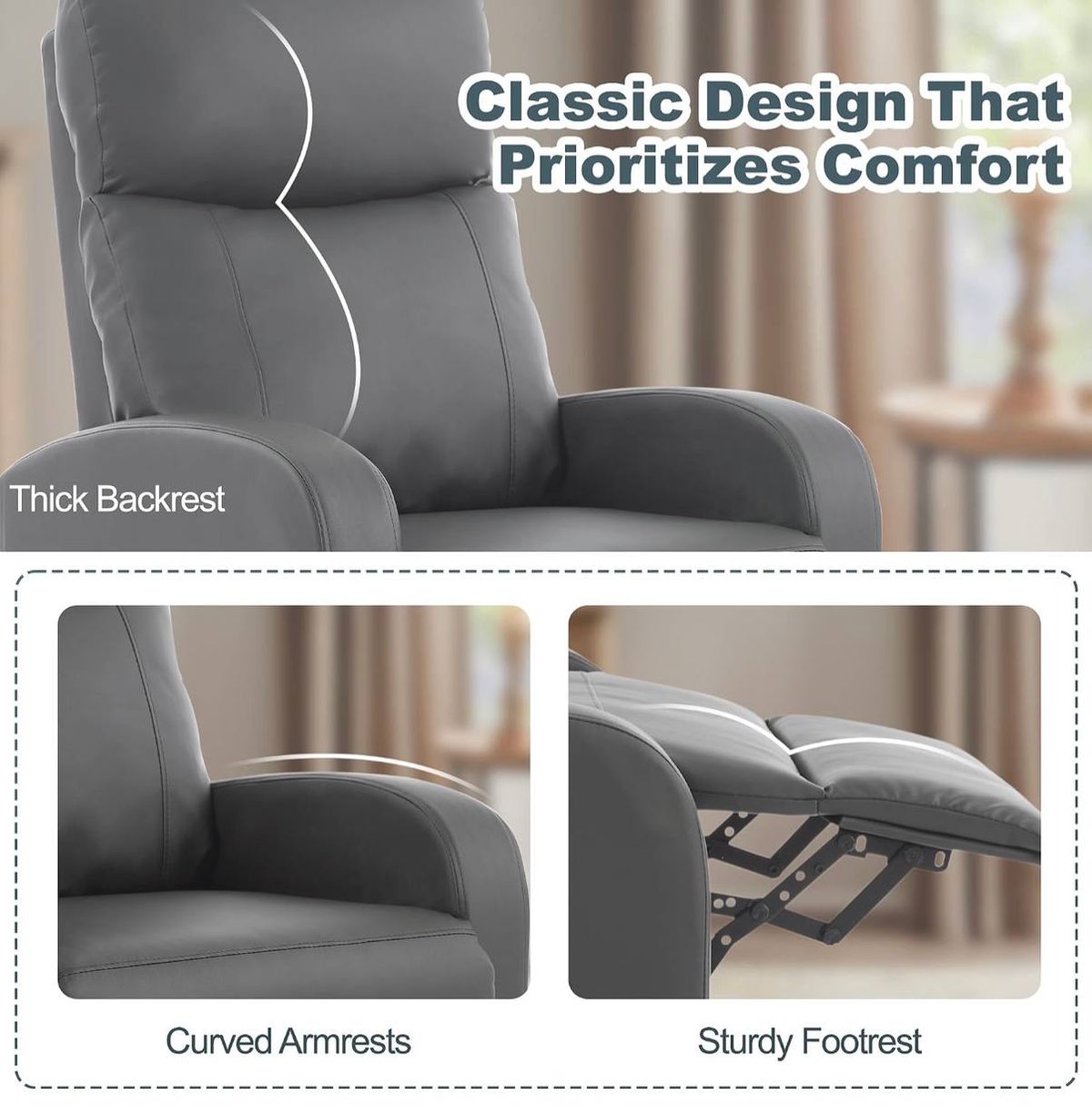 Korser Modern Leather Push-Back Recliner Chair 5