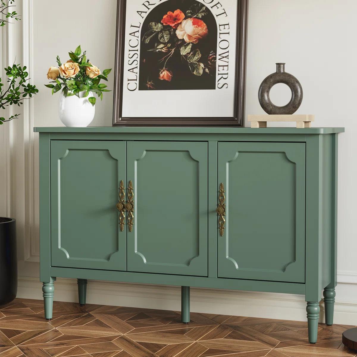 Green 3-Door Storage Cabinet with Adjustable Shelves & Turned Legs | New in Box 2