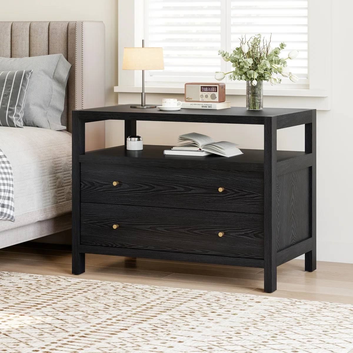 Modern Large 2-Drawer Nightstand with Open Storage – New, Assembled 4