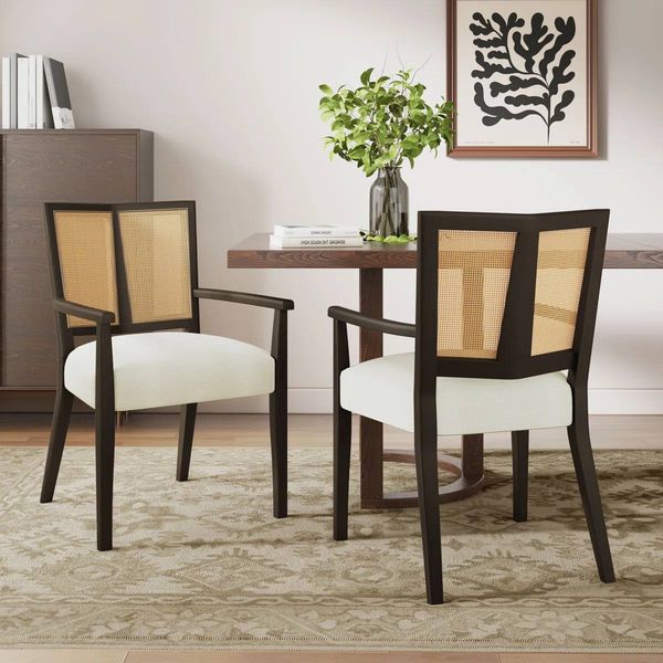 Jad Wooden Dining Chairs Set of 2 – PE Rattan Back, Beige Upholstery, Dark Brown Legs | Brand New in Box