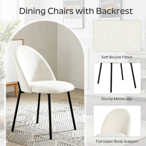Modern Boucle Dining Chairs – Set of 2 | White Upholstered Chairs with Black Metal Legs | Brand New