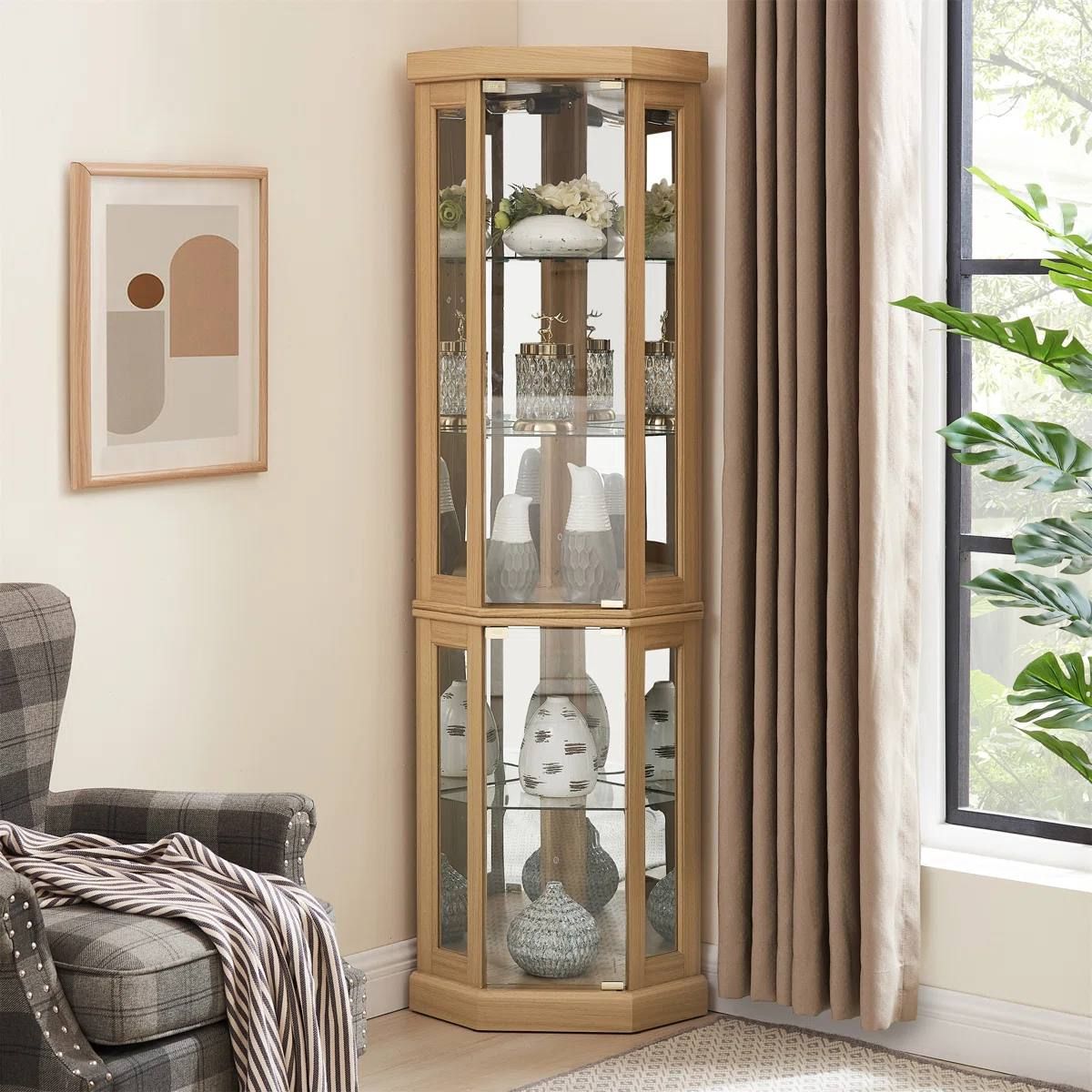 Therris Corner Lighted Curio Cabinet | Oak | Assembled 8