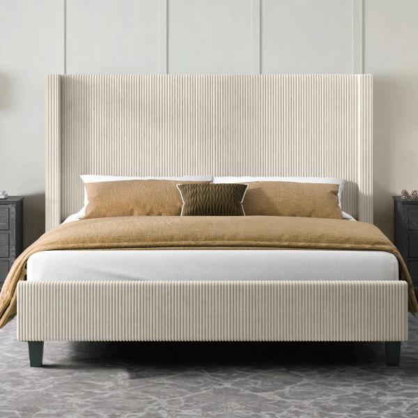 Wauseon Corduroy Upholstered Bed – King, Cream