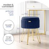 Round Pleated Velvet Ottoman with Storage – Blue & Gold 7