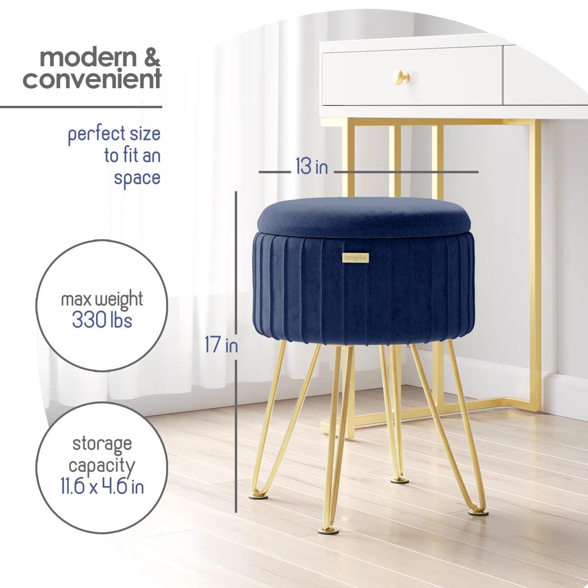Round Pleated Velvet Ottoman with Storage – Blue & Gold 7
