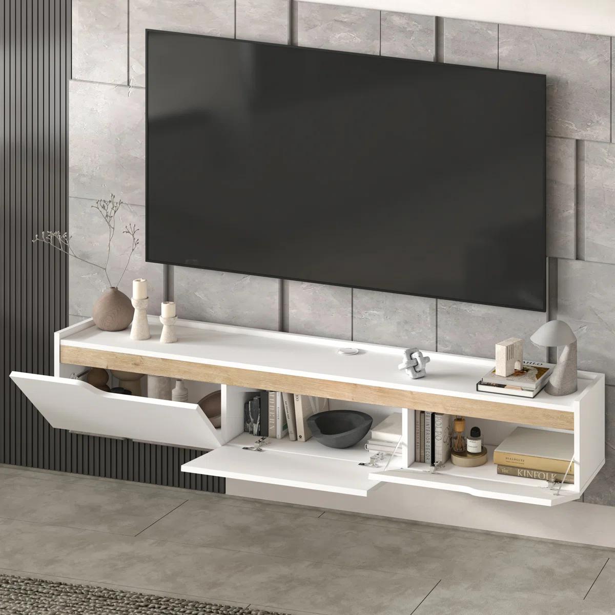 Wall-Mounted TV Stand 80” — White/Natural Wood | Eva | New 5