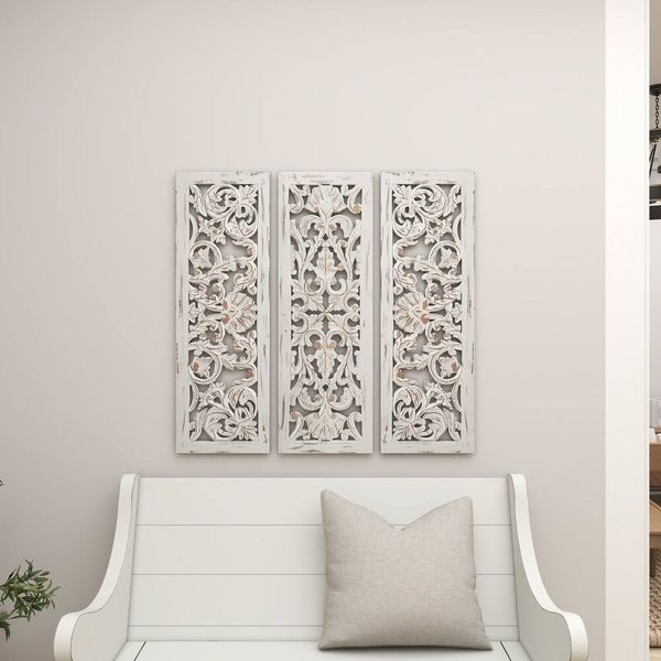 Wooden Handmade Intricately Carved Floral Wall Decor – Set of 3 | Brand New