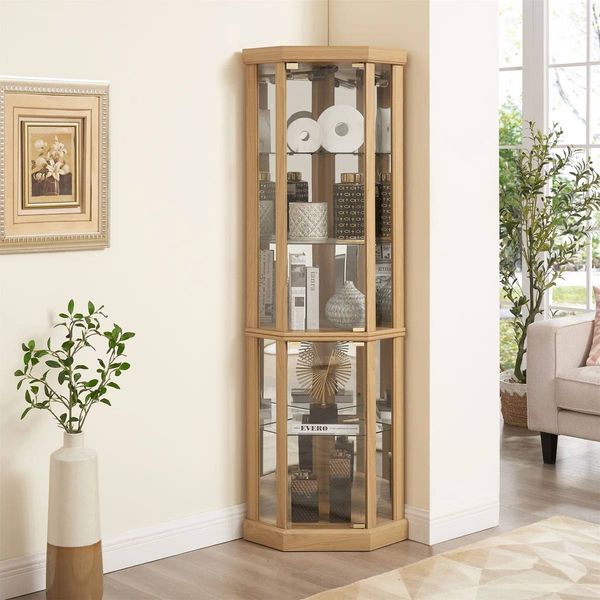 Therris Corner Lighted Curio Cabinet | Oak | Assembled