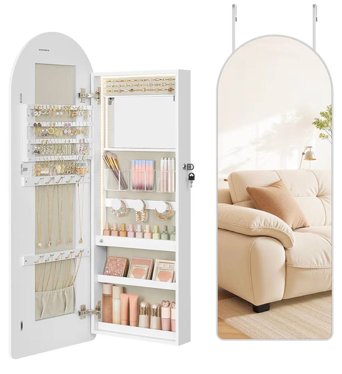 SONGMICS Wide LED Jewelry Cabinet with Arched Mirror | Brand New in Box 4