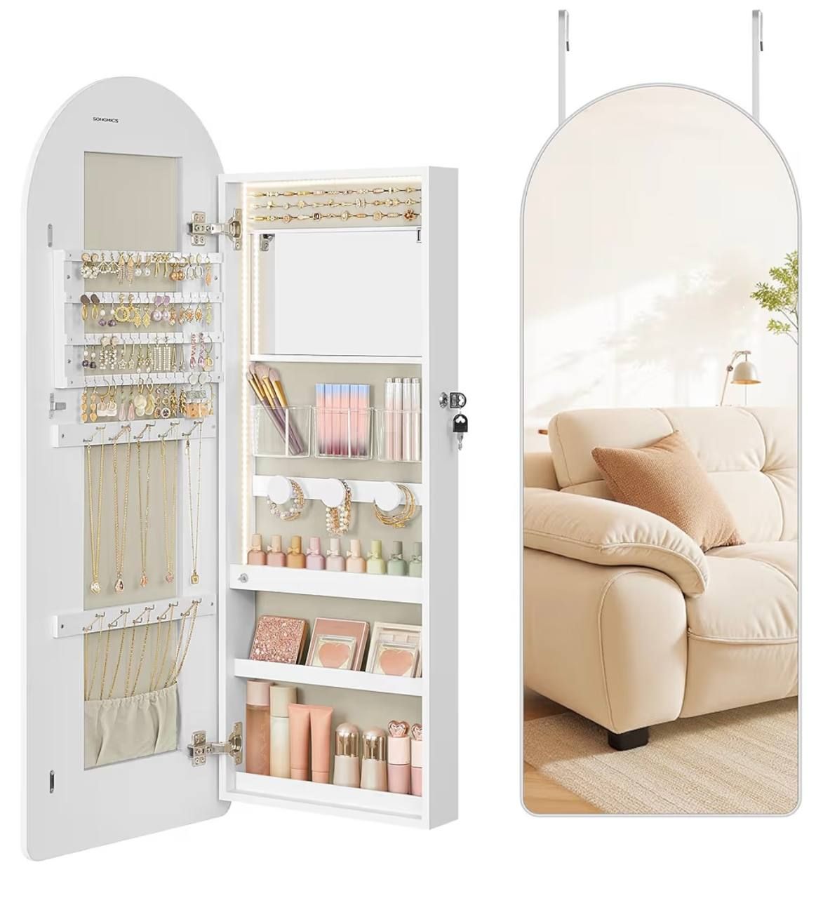 SONGMICS Wide LED Jewelry Cabinet with Arched Mirror | Brand New in Box 4