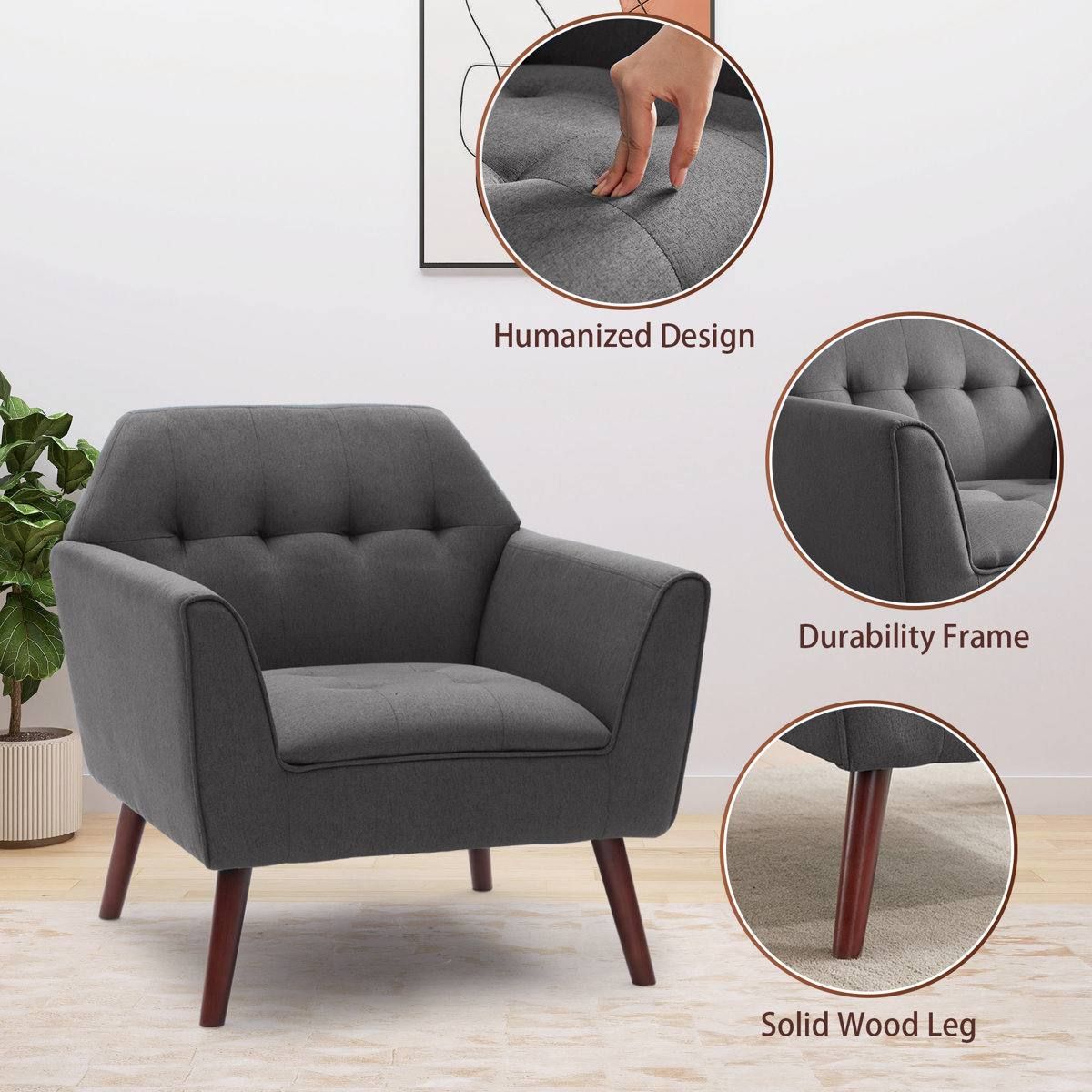 Mid-Century Modern Accent Arm Chair – Grey | Solid Wood Frame 3